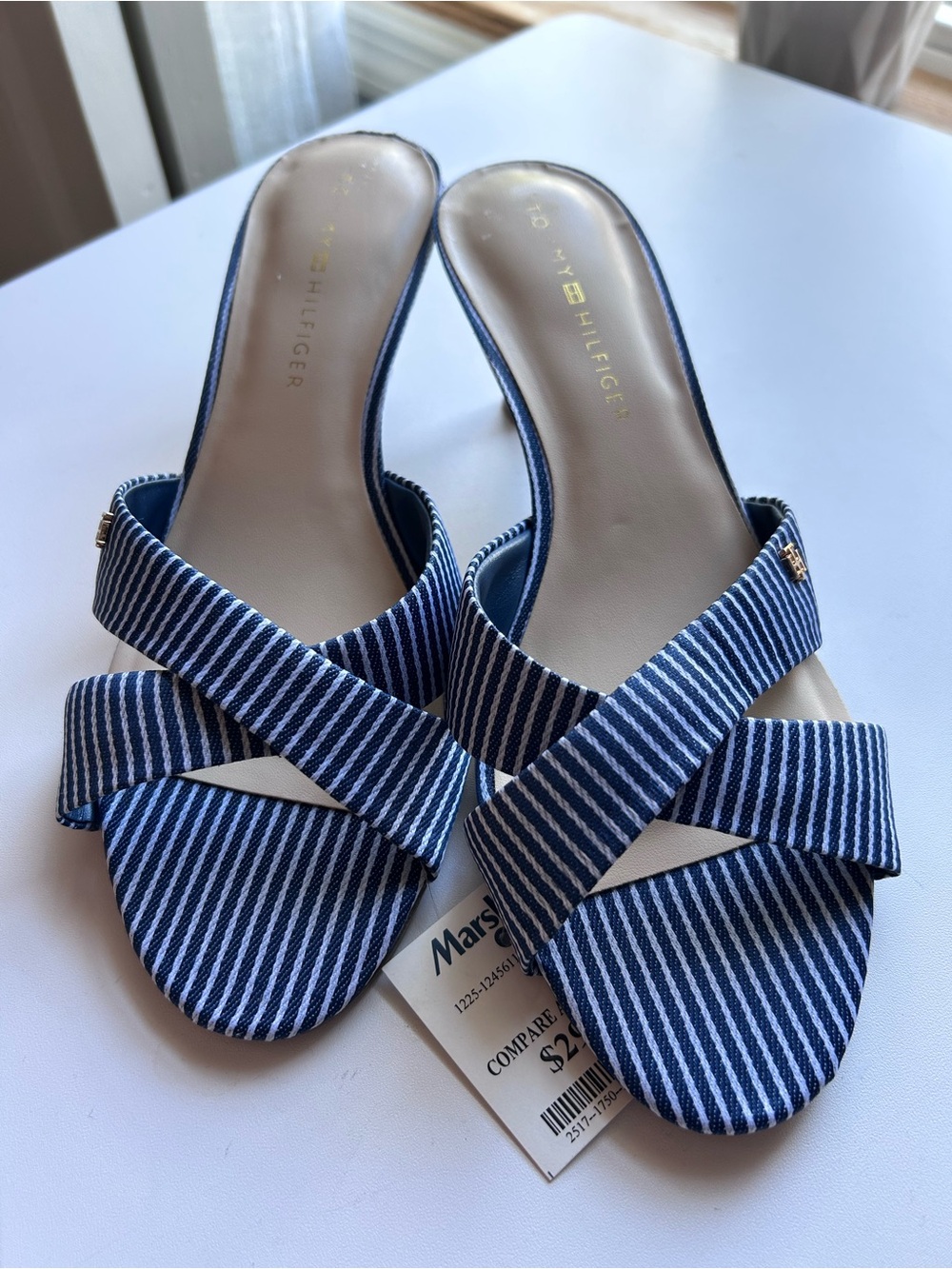 Tommy Hilfiger Navy and White Striped Crisscross Slide Mules - Women's